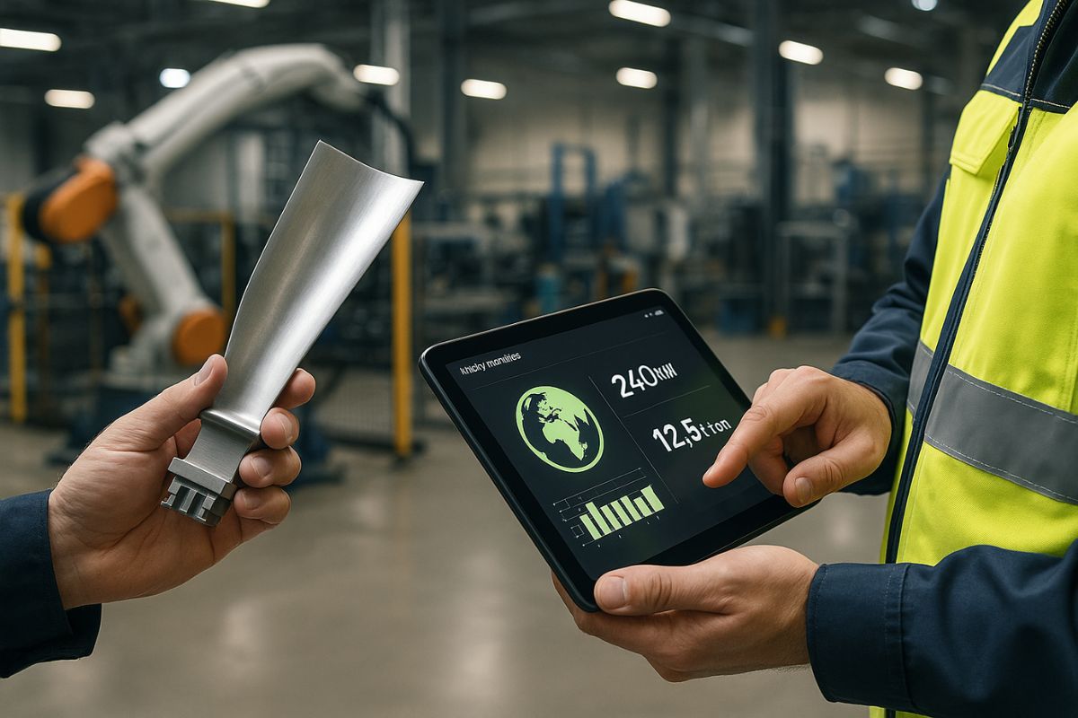 Fotorealistische Darstellung eines Produktionsszenarios mit Energie und Emissionsmonitoring